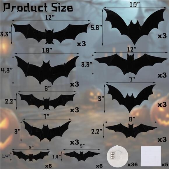36 Pack Halloween Bats Wall Decor – Lighted 3D Bat Stickers Assorted - Picture 3 of 7
